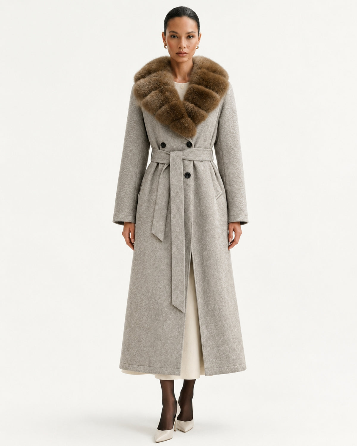 Relaxed Fit Heavyweight Down Coat with Fur Collar Long