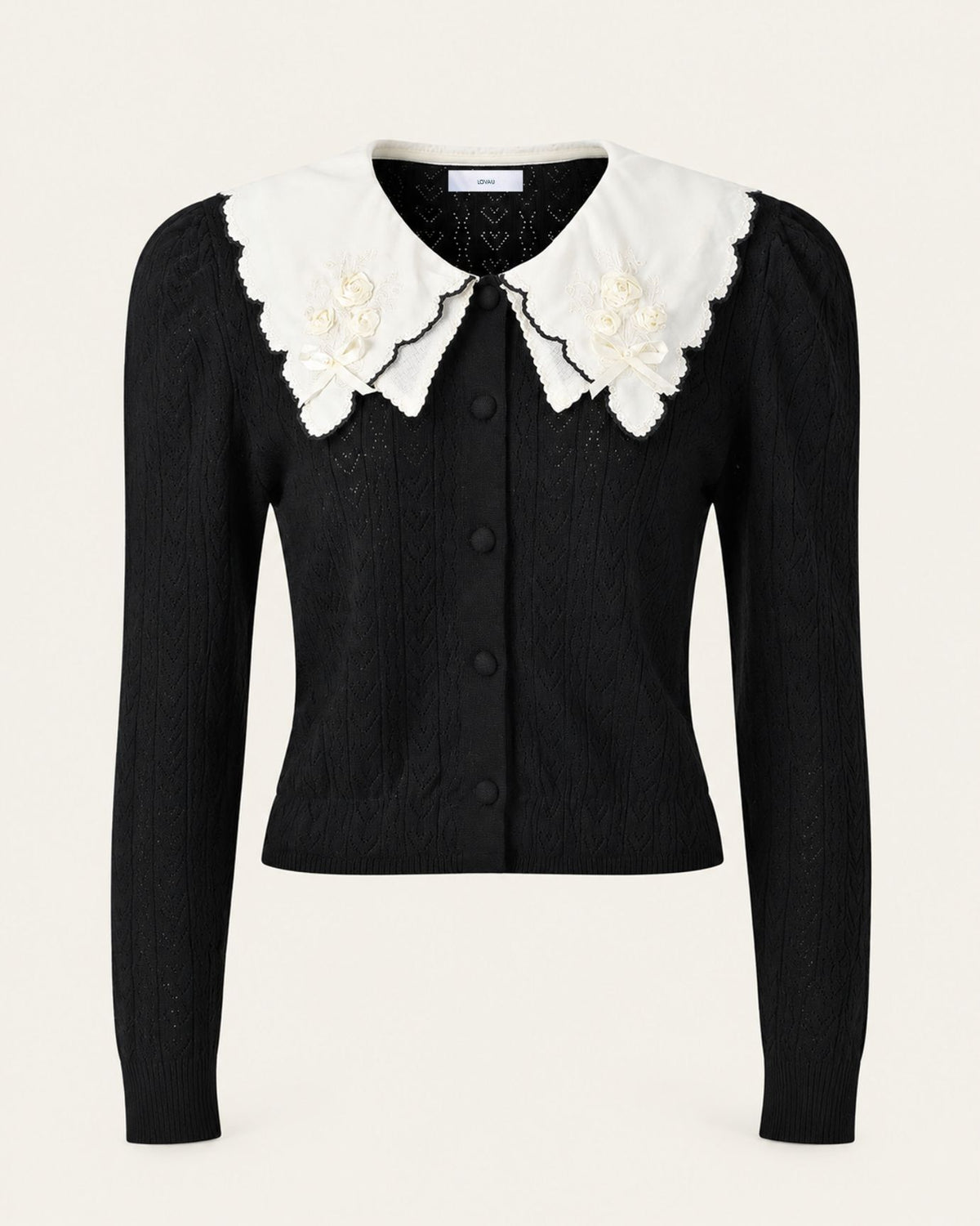 Kimberly Long-Sleeve Cardigan with Embroidered Floral Collar