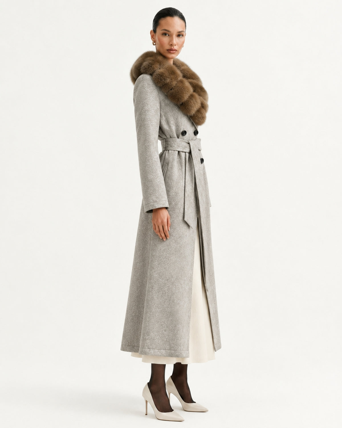 Relaxed Fit Heavyweight Down Coat with Fur Collar Long