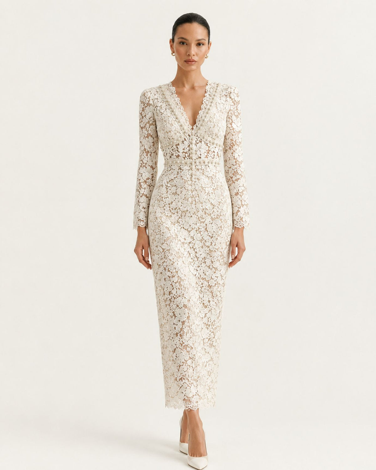 Zoey Tailored V-Neck Lace Evening Dress
