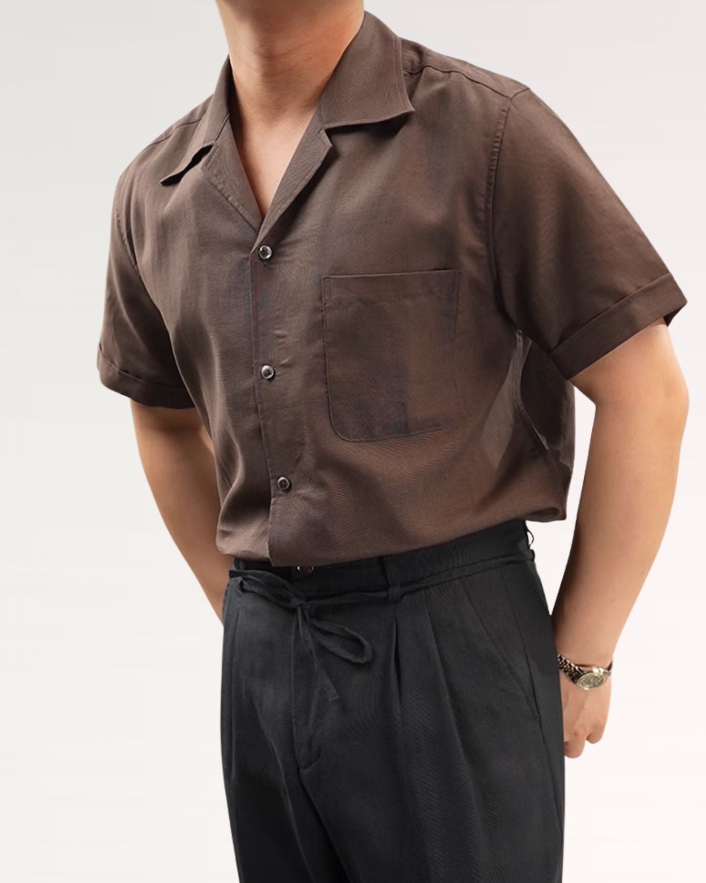 Side angle highlighting natural linen texture in Brown summer shirt.