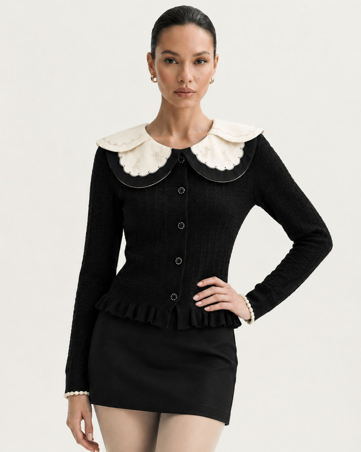 Slim-Fit Colorblock Cardigan with Embroidered Collar