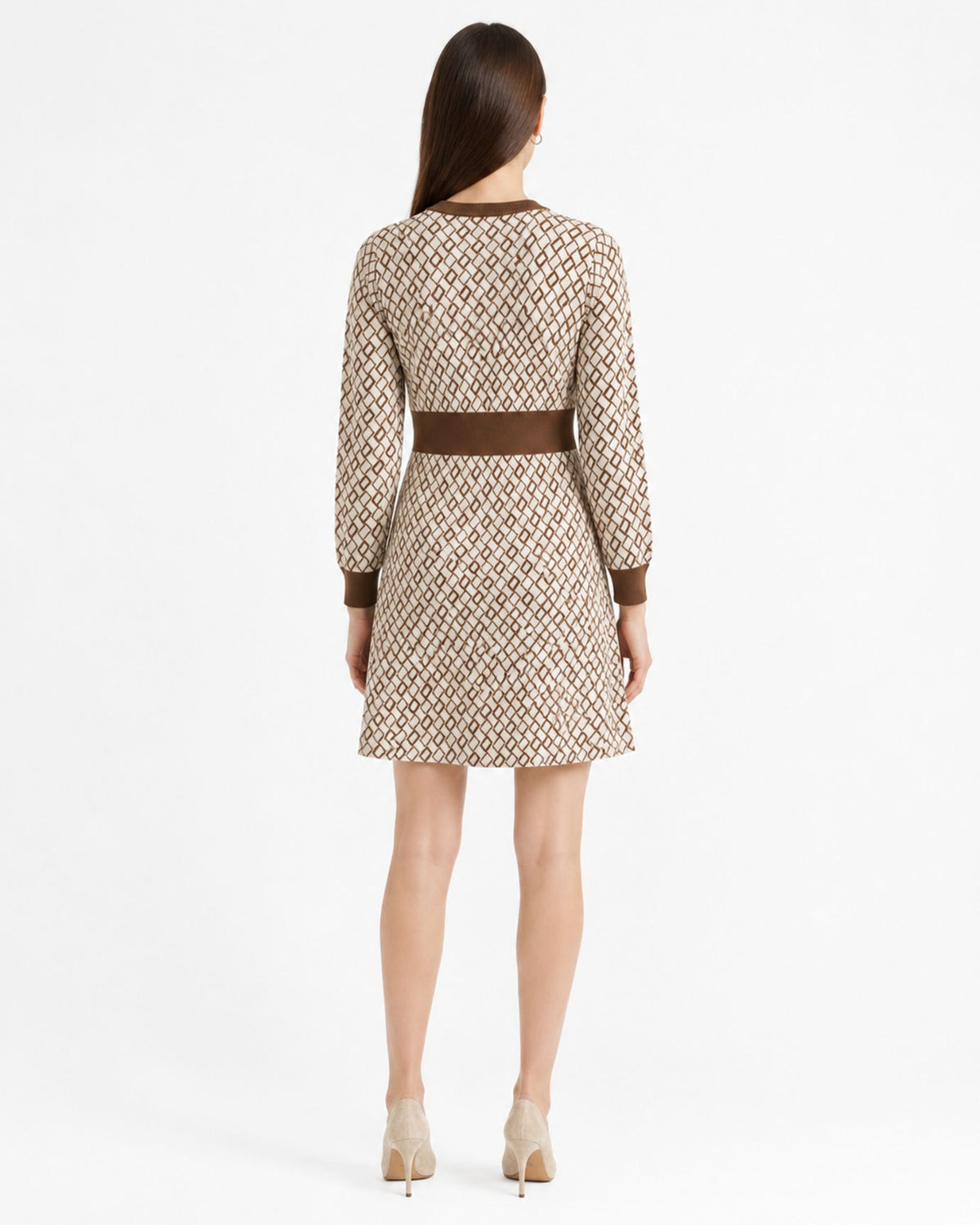 Zira Round-Neck Contrast Jacquard Knit Dress with Buckle Waist