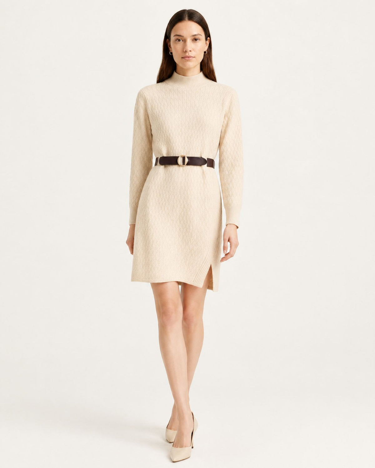 Apricot Elegant Tailored Long-Sleeve Knit Dress