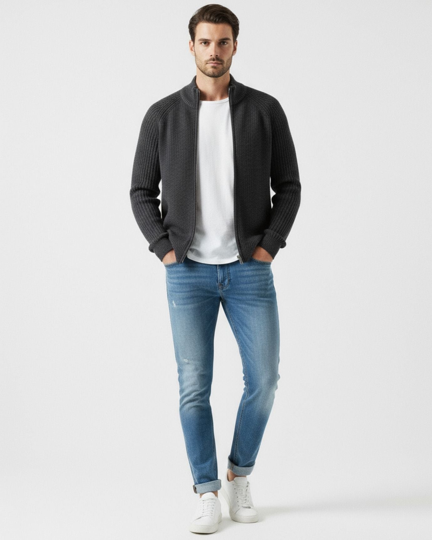 Fine Cashmere Thick Jacket Cardigan with Perforated Knit