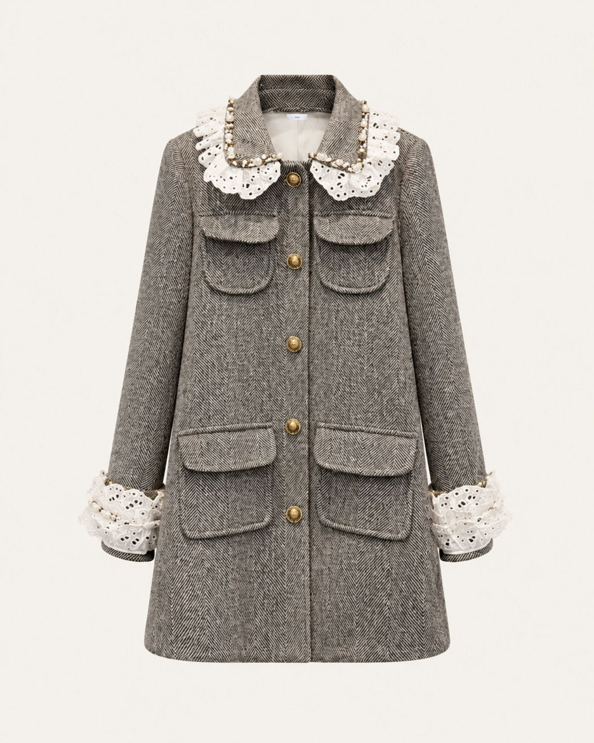 Limited Edition Gray Wool Blazer with Beaded Lace Lapel