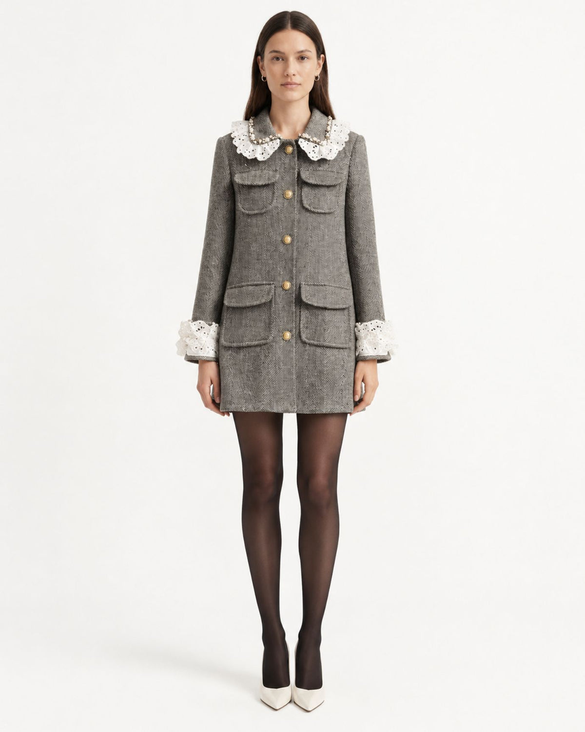 Limited Edition Gray Wool Blazer with Beaded Lace Lapel
