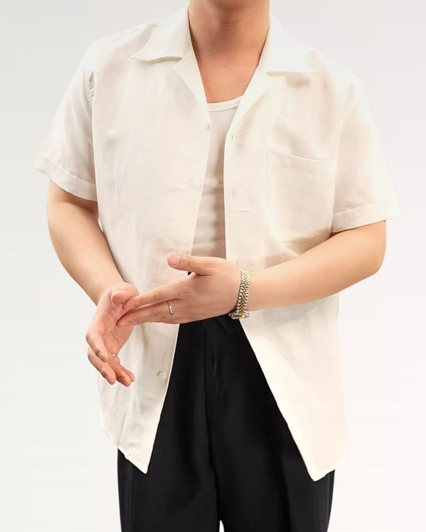 Front view of Summer Linen Cuban Collar Short-Sleeved Shirt in crisp White
