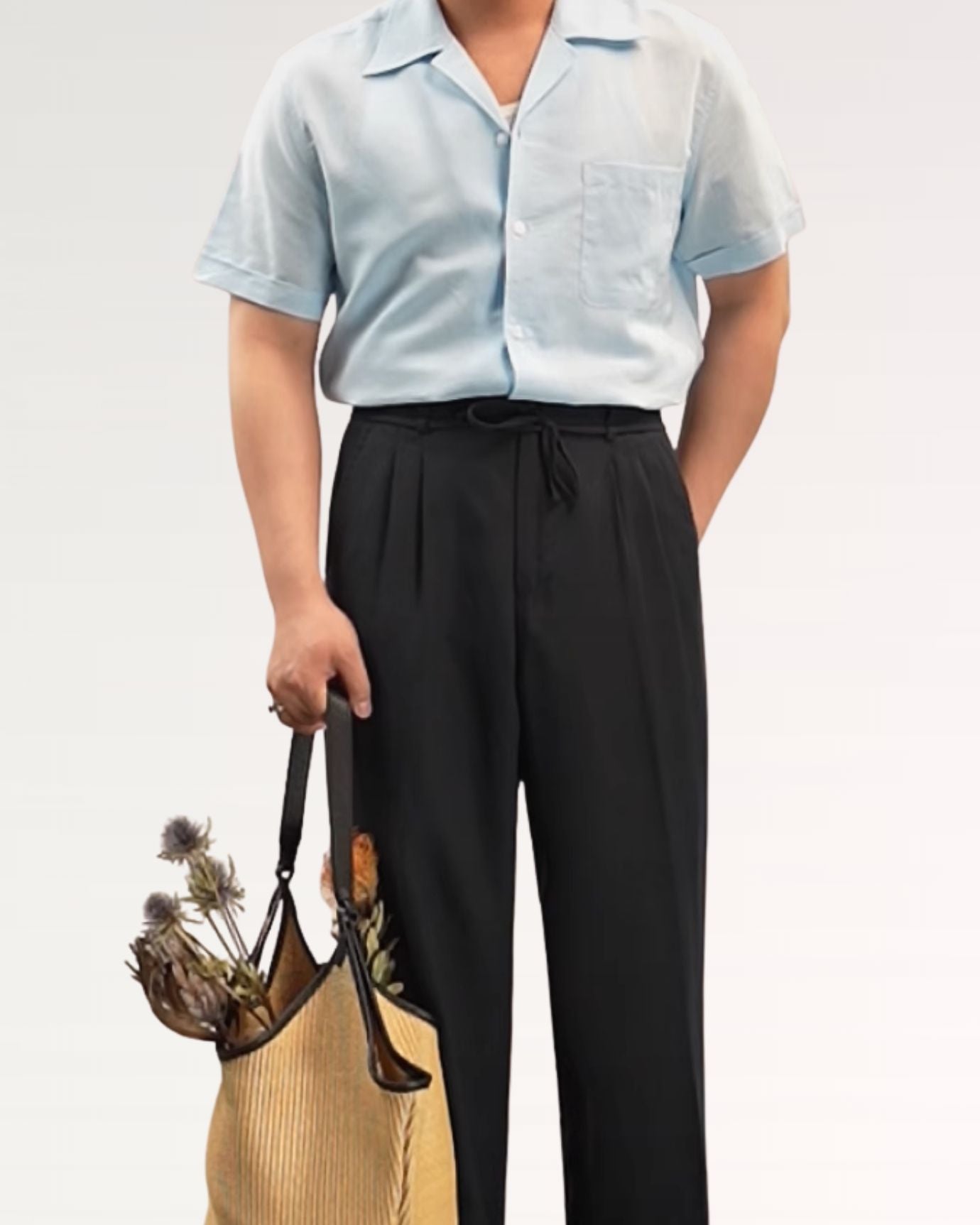 Relaxed style and comfortable fit of Sky Blue Cuban Collar short-sleeved shirt