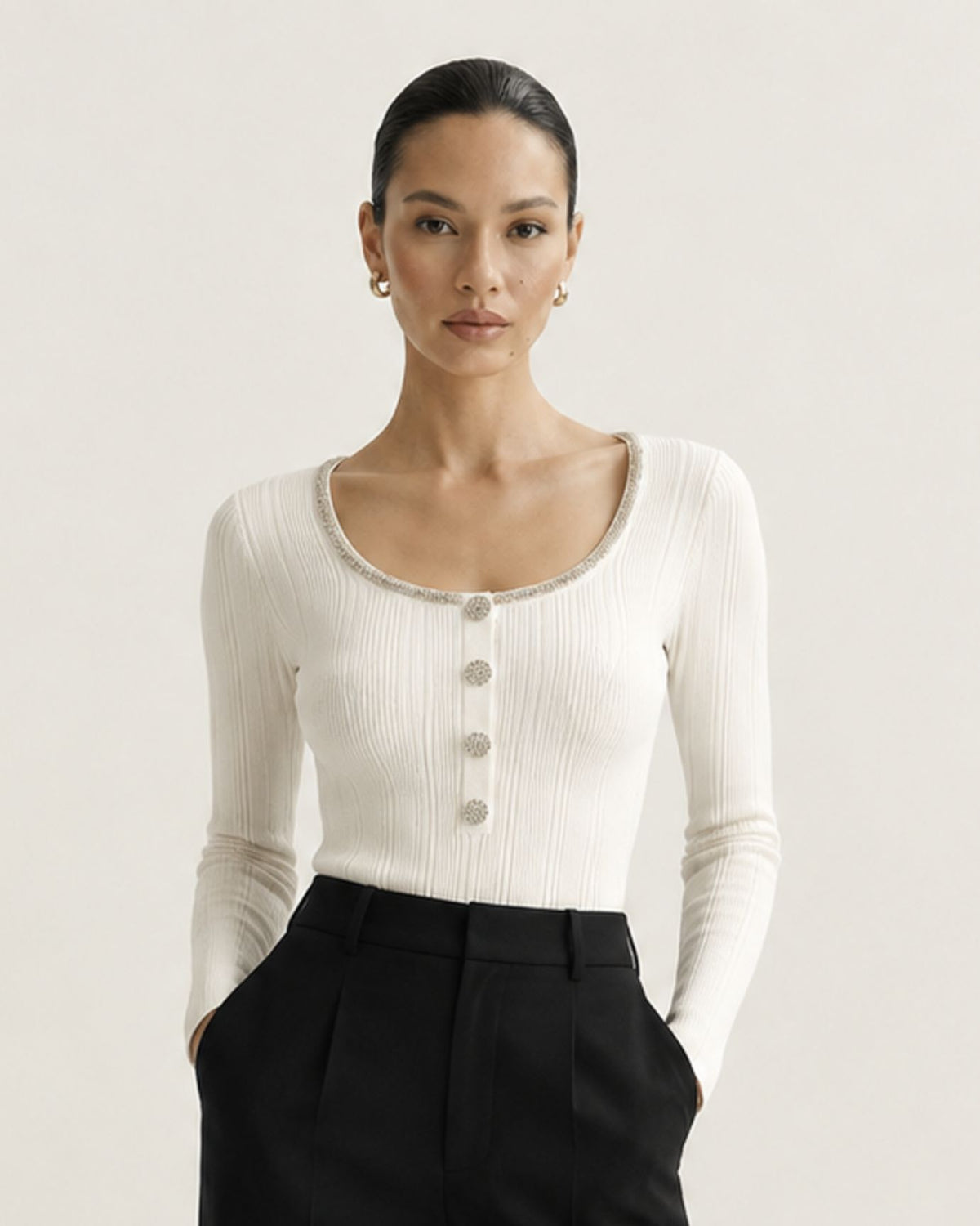 Diamond-Embellished Slim-Fit Scoop Neck Top