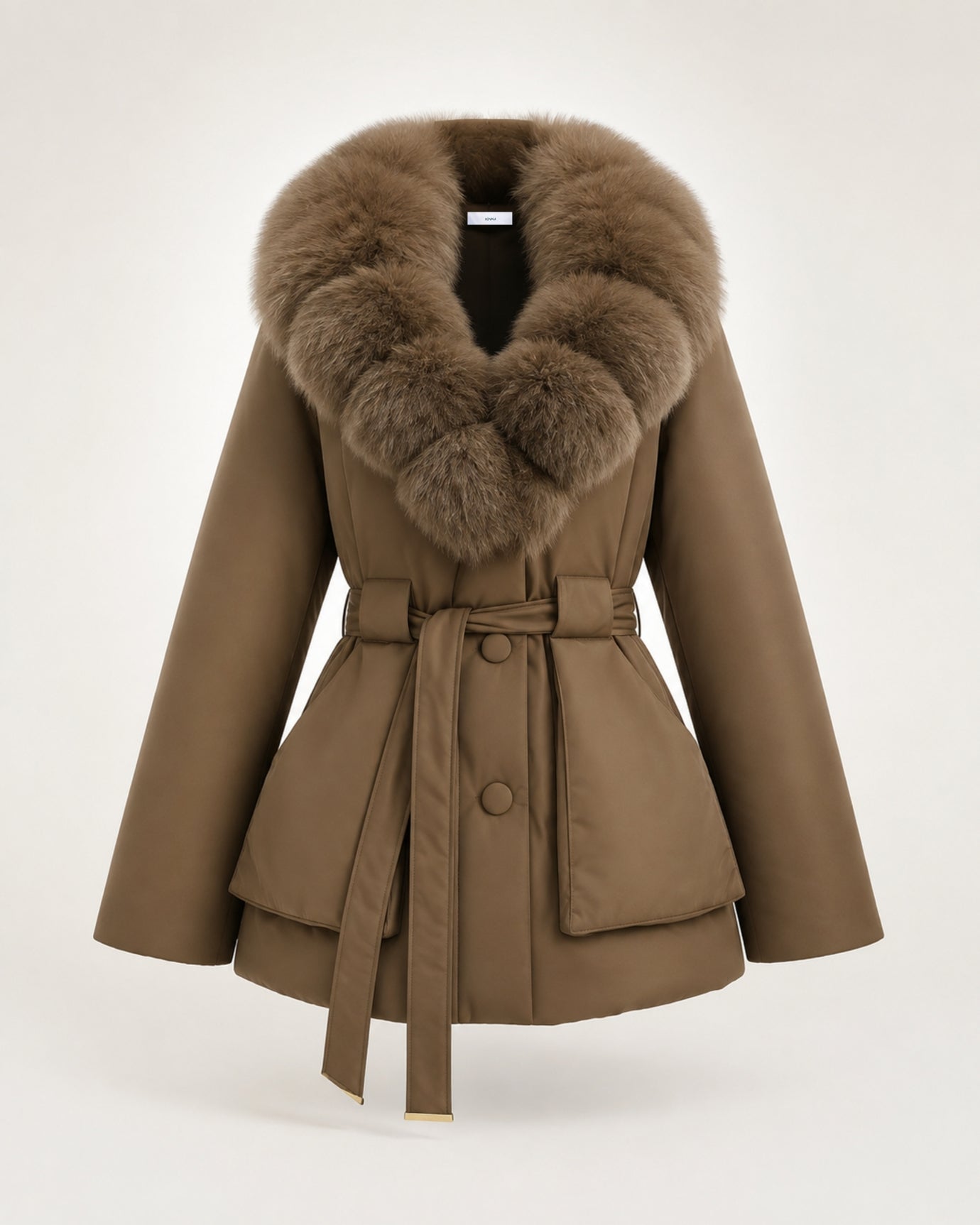 Fox Fur Collar Down Jacket With Belt