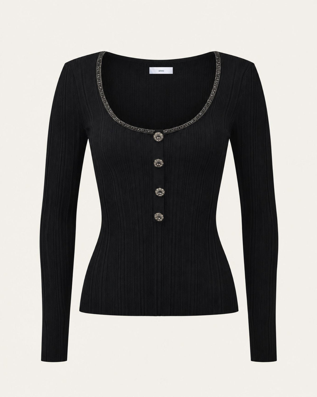 Diamond-Embellished Slim-Fit Scoop Neck Top