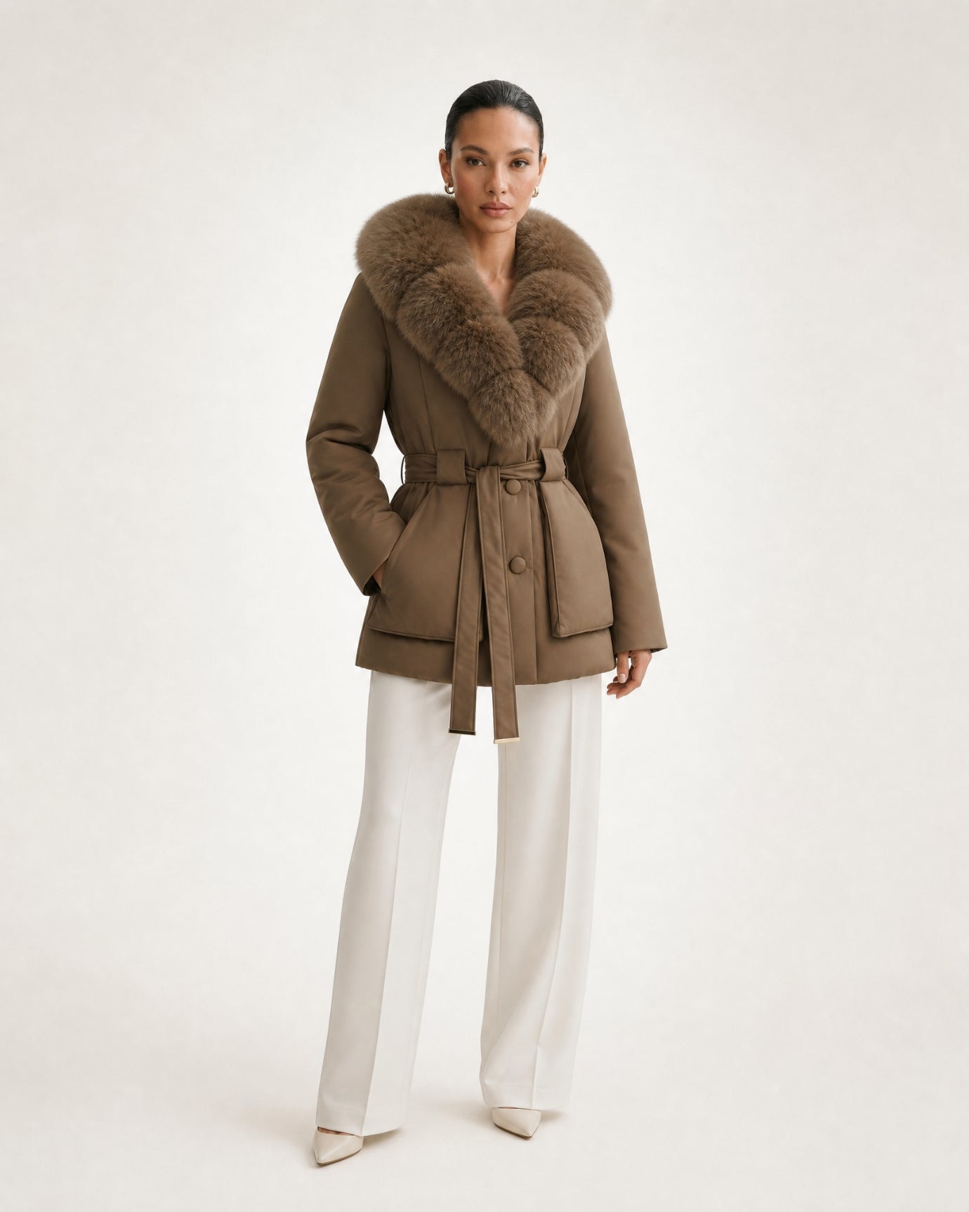 Fox Fur Collar Down Jacket With Belt