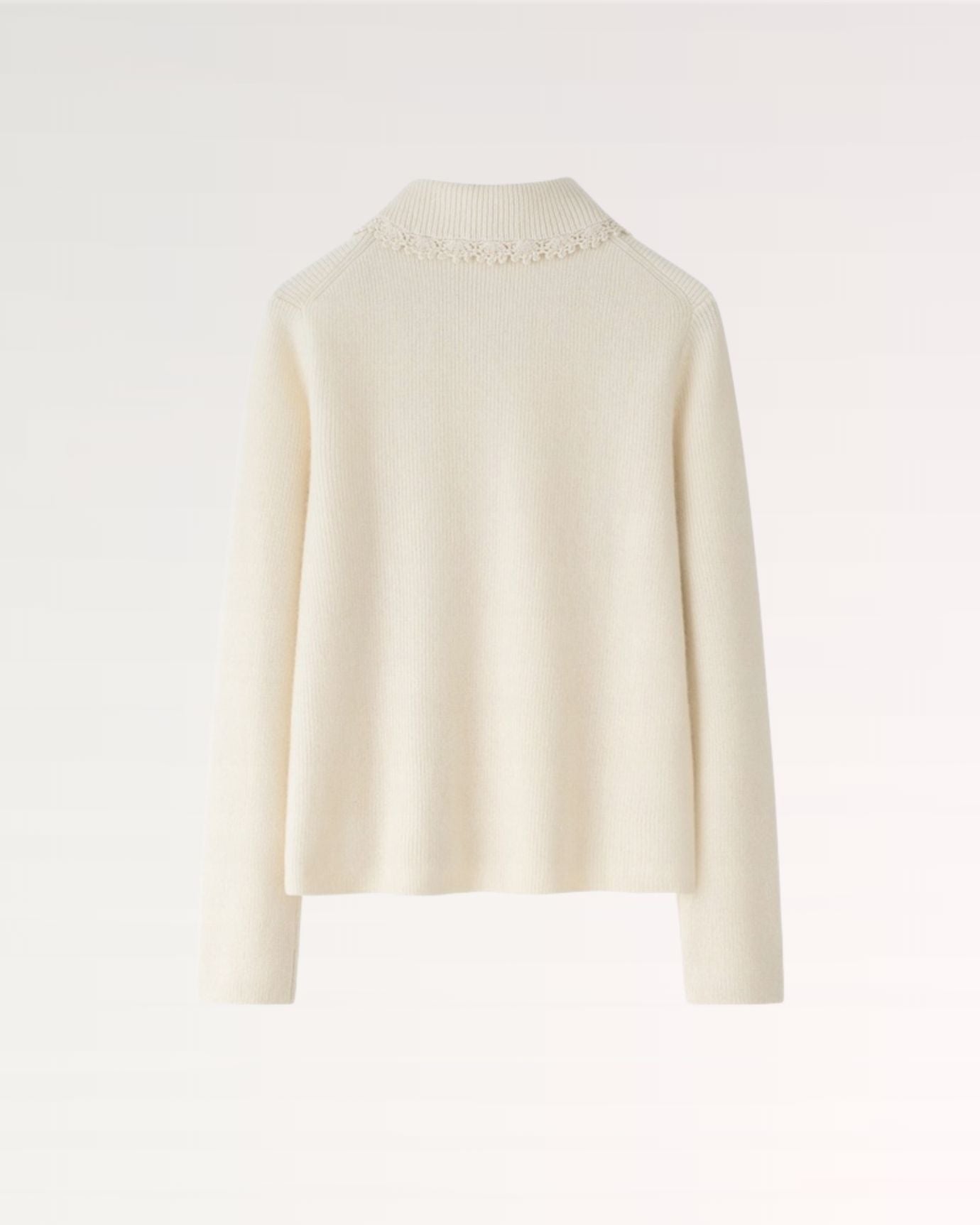 Back view of pearl-decorated cashmere sweater jacket