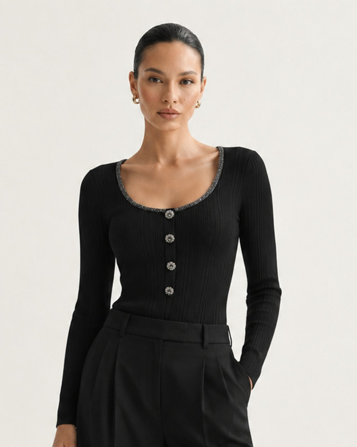 Diamond-Embellished Slim-Fit Scoop Neck Top
