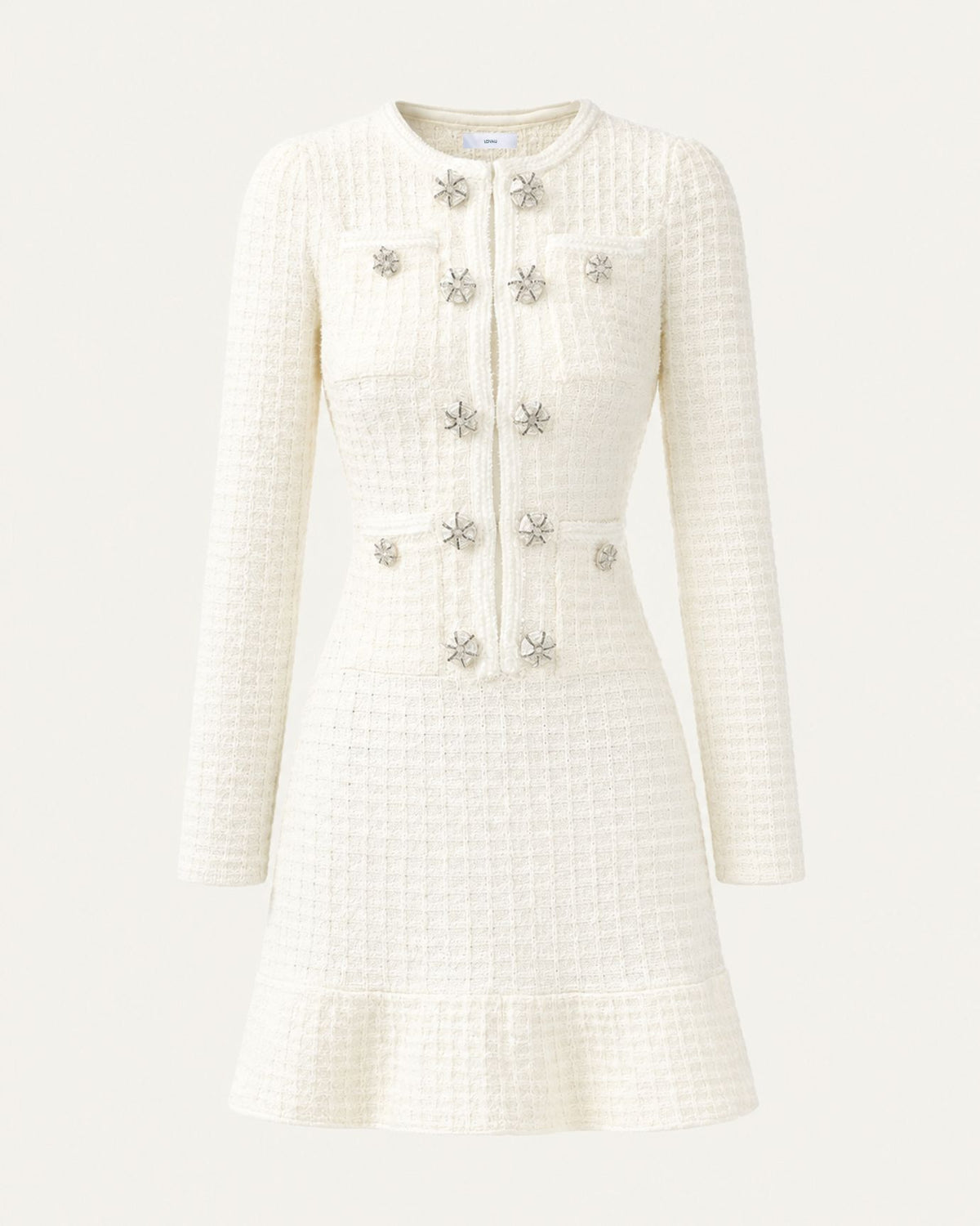 Long-Sleeve Crystal-Embellished Crochet White Dress