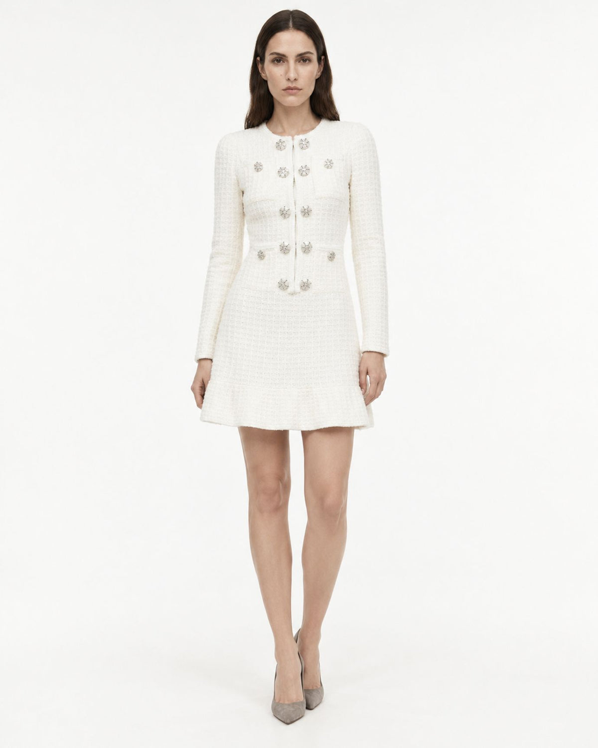 Long-Sleeve Crystal-Embellished Crochet White Dress