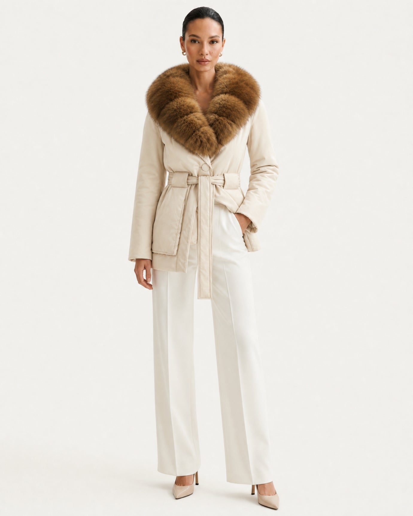 Fox Fur Collar Down Jacket With Belt