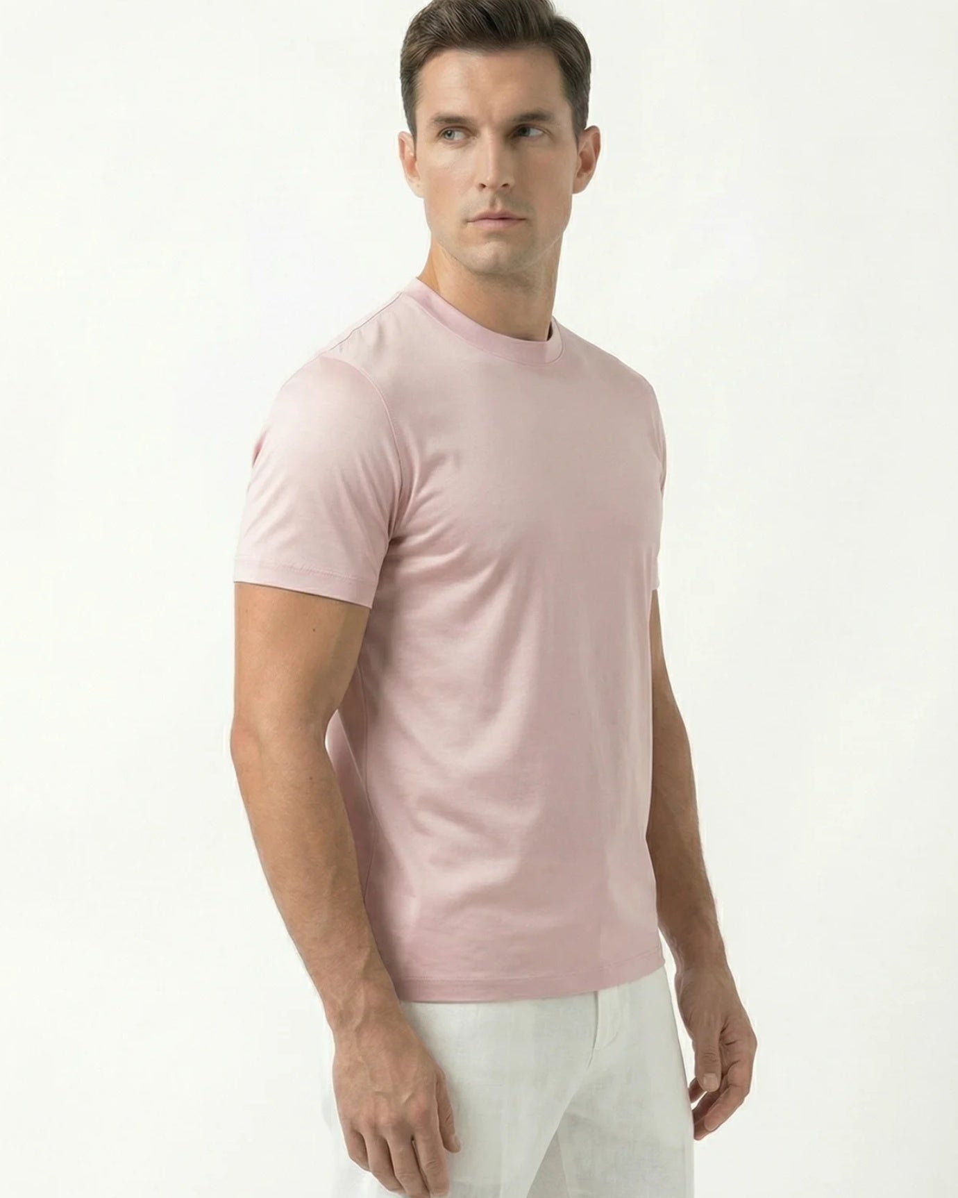 High-Count Pink Mercerized Cotton Round Neck Breathable T-Shirt