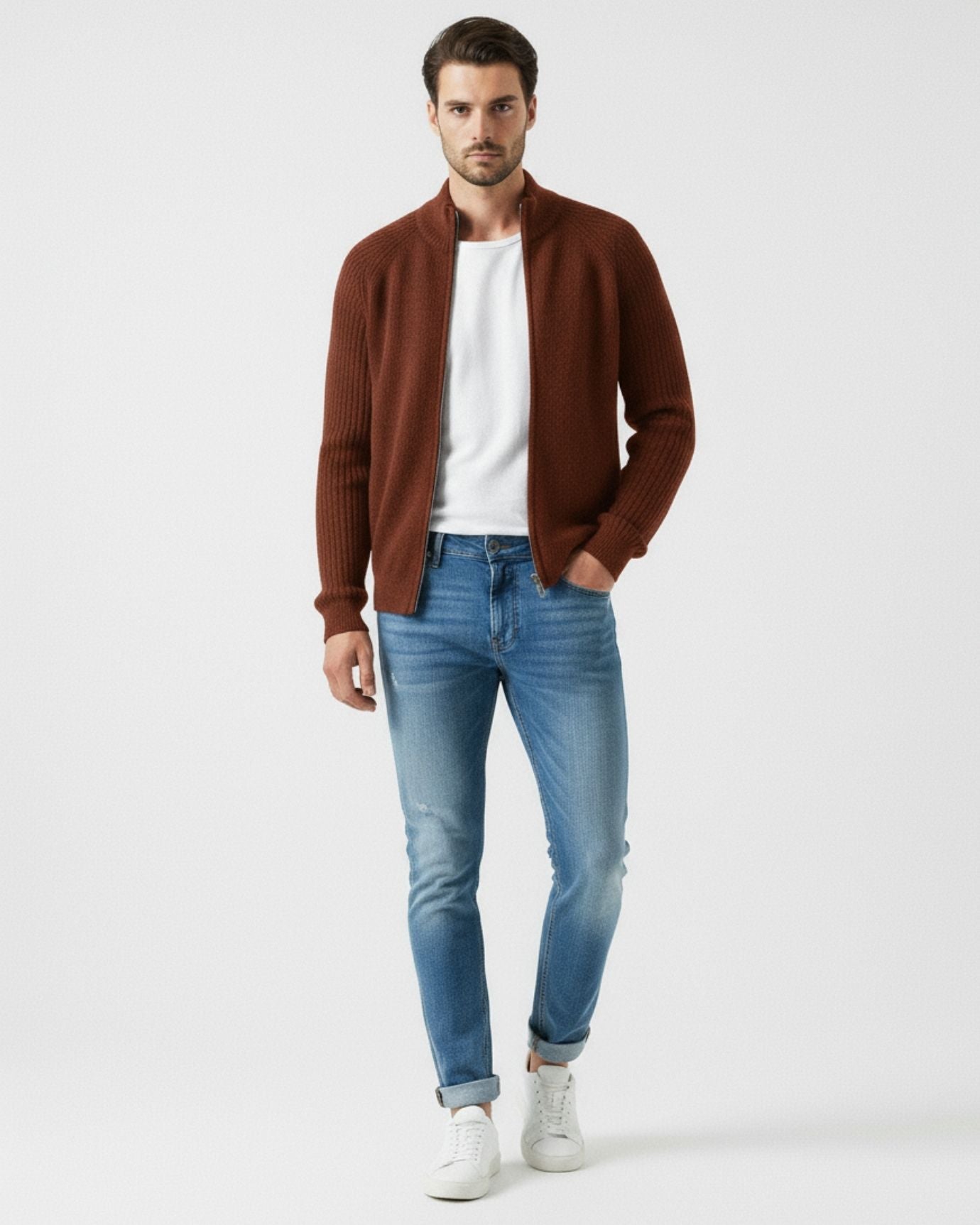 Fine Cashmere Thick Jacket Cardigan with Perforated Knit