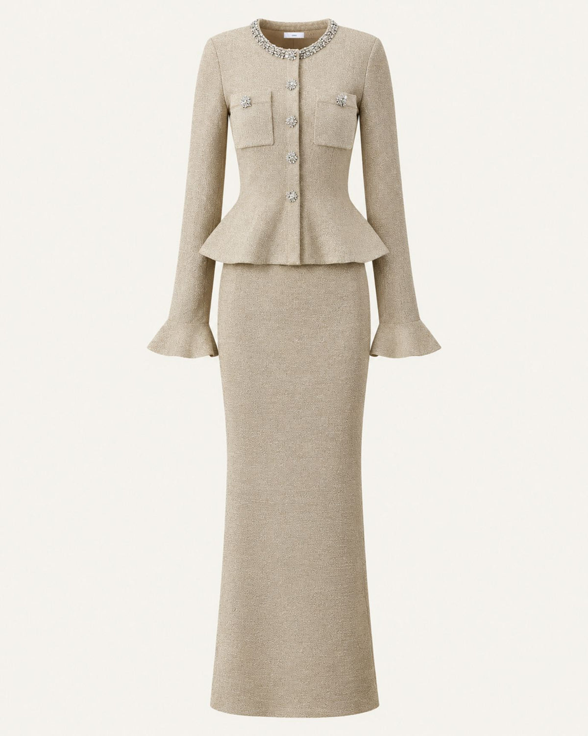 Divina Crystal-Embellished Flared-Sleeve Knit Dress Light Brown