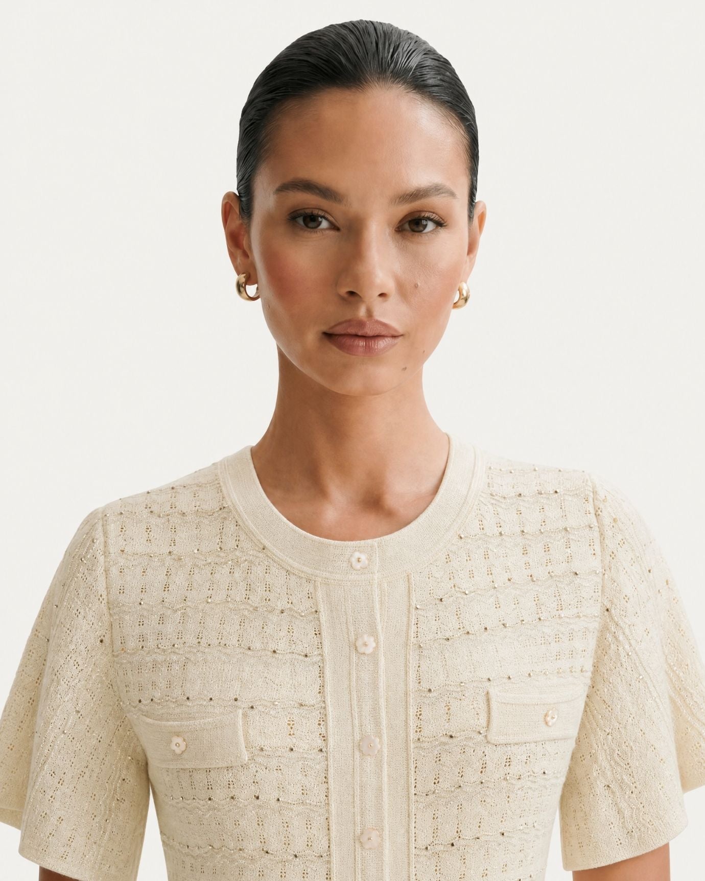 Anna Rhinestone Short-Sleeve Round-Neck Celebrity Dress
