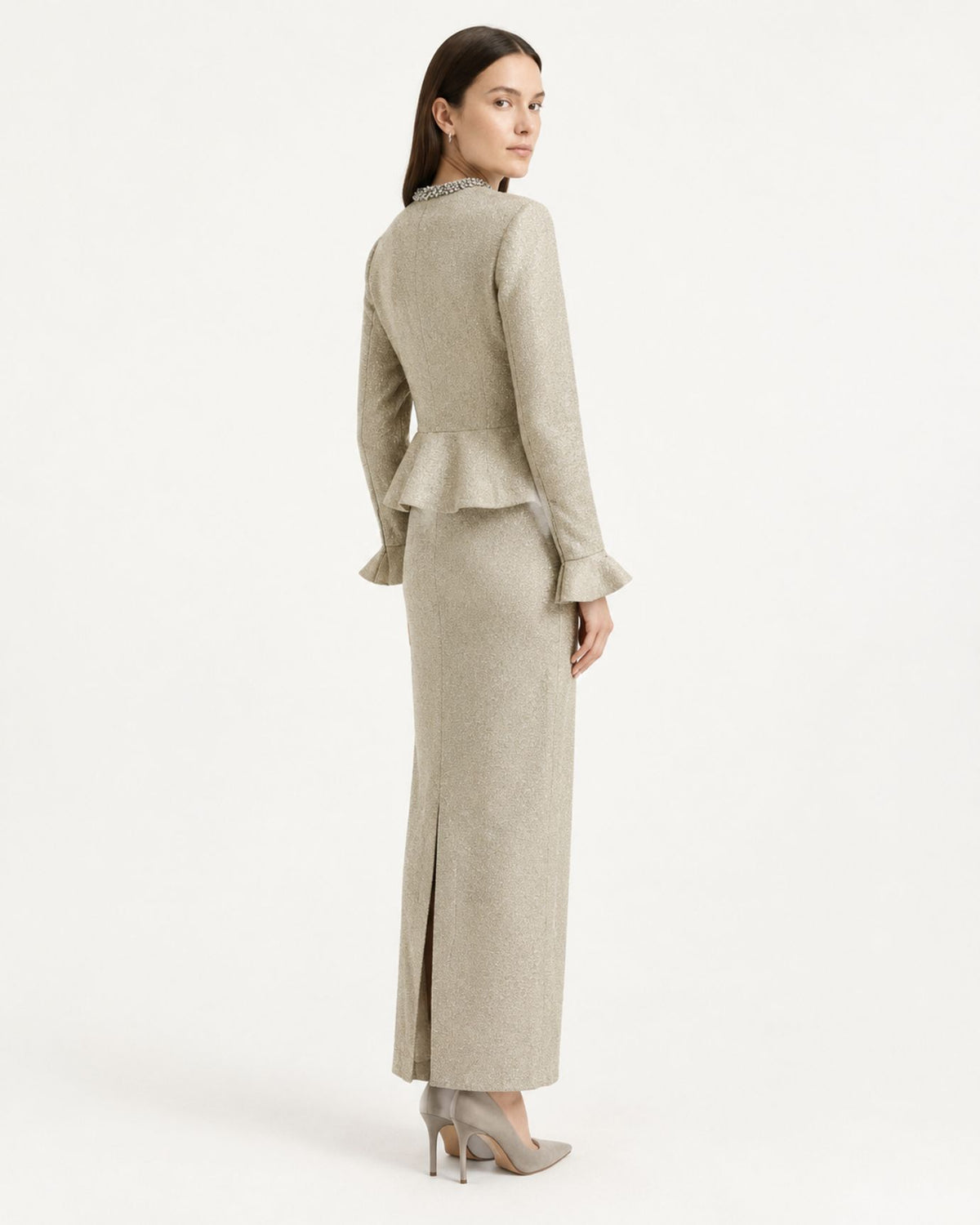 Divina Crystal-Embellished Flared-Sleeve Knit Dress Light Brown