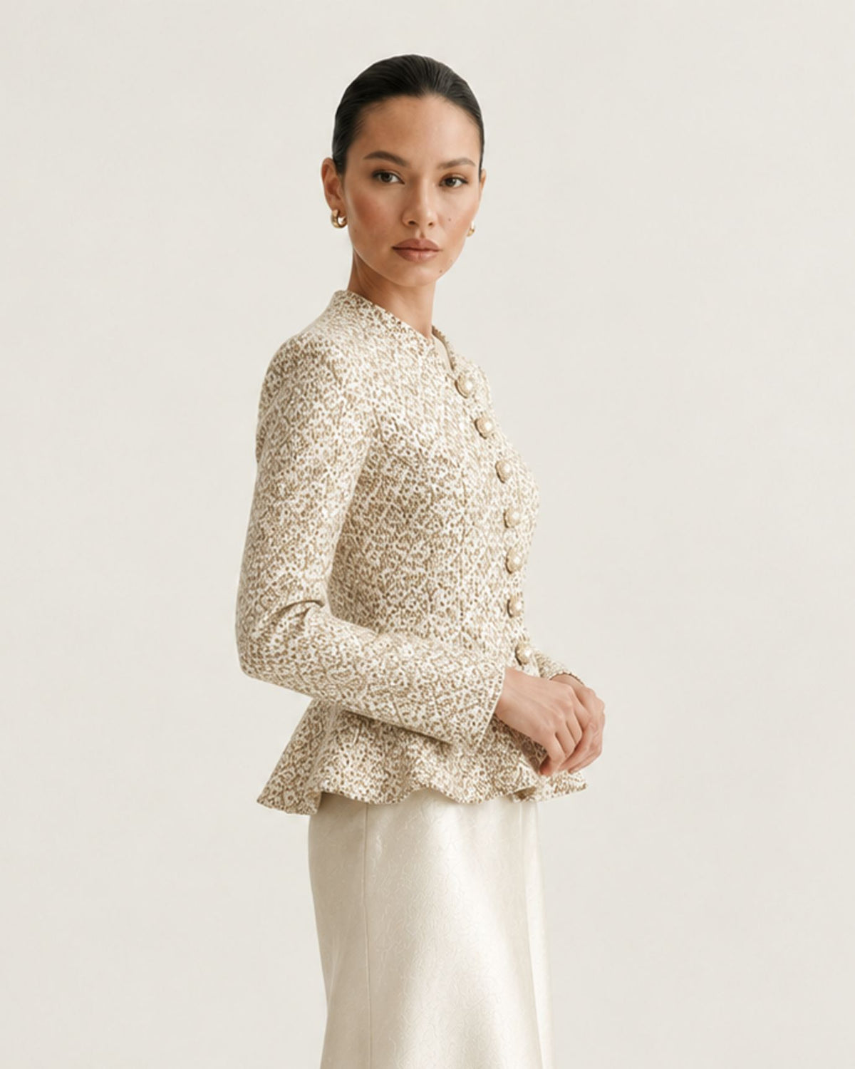 Long-Sleeve Button-Front Illusion Mermaid Champagne Dress