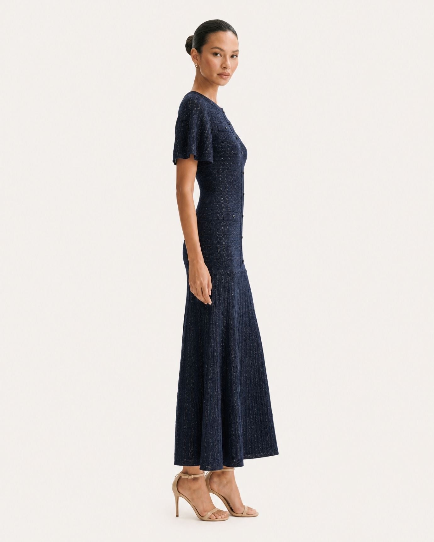 Anna Rhinestone Short-Sleeve Round-Neck Celebrity Dress