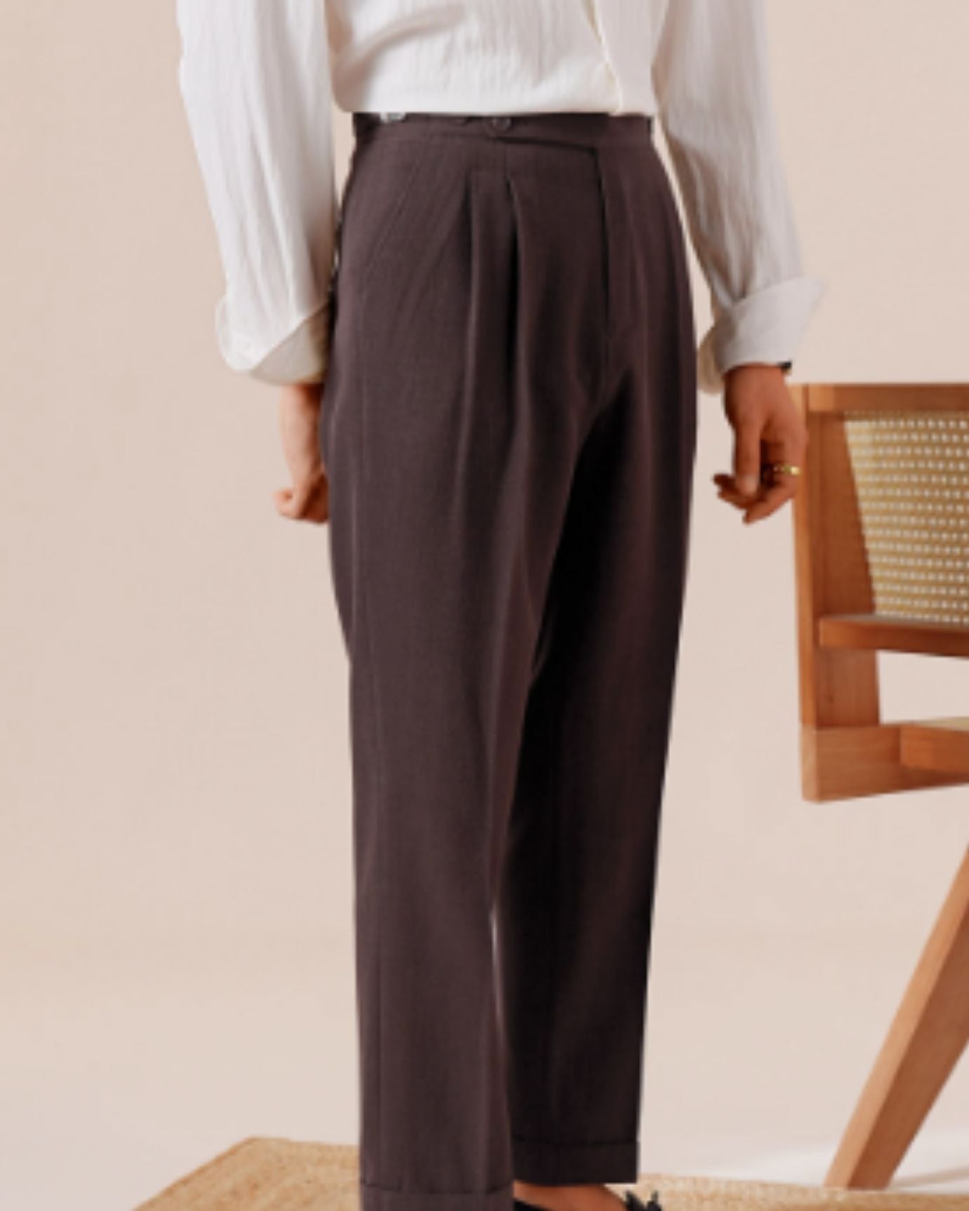 Close-up of stitching and fabric detail on Marbella Double Pleat Naples pants