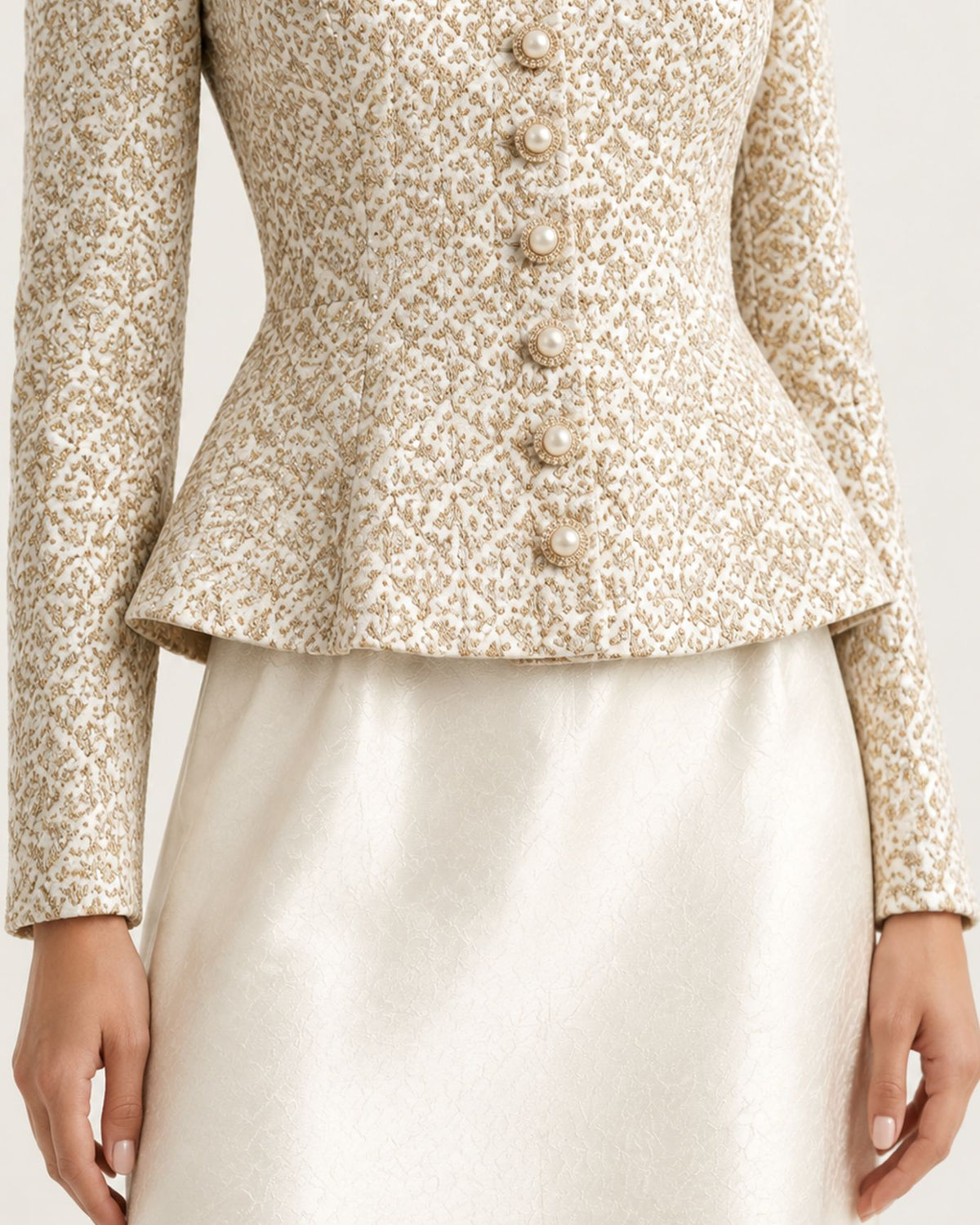 Long-Sleeve Button-Front Illusion Mermaid Champagne Dress
