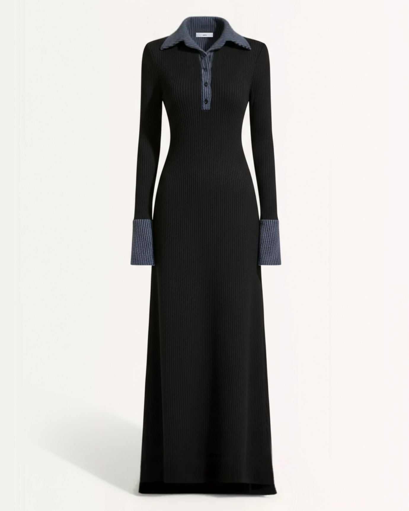 Retro Polo Dress Long Sleeved, Black Blue Collar / L