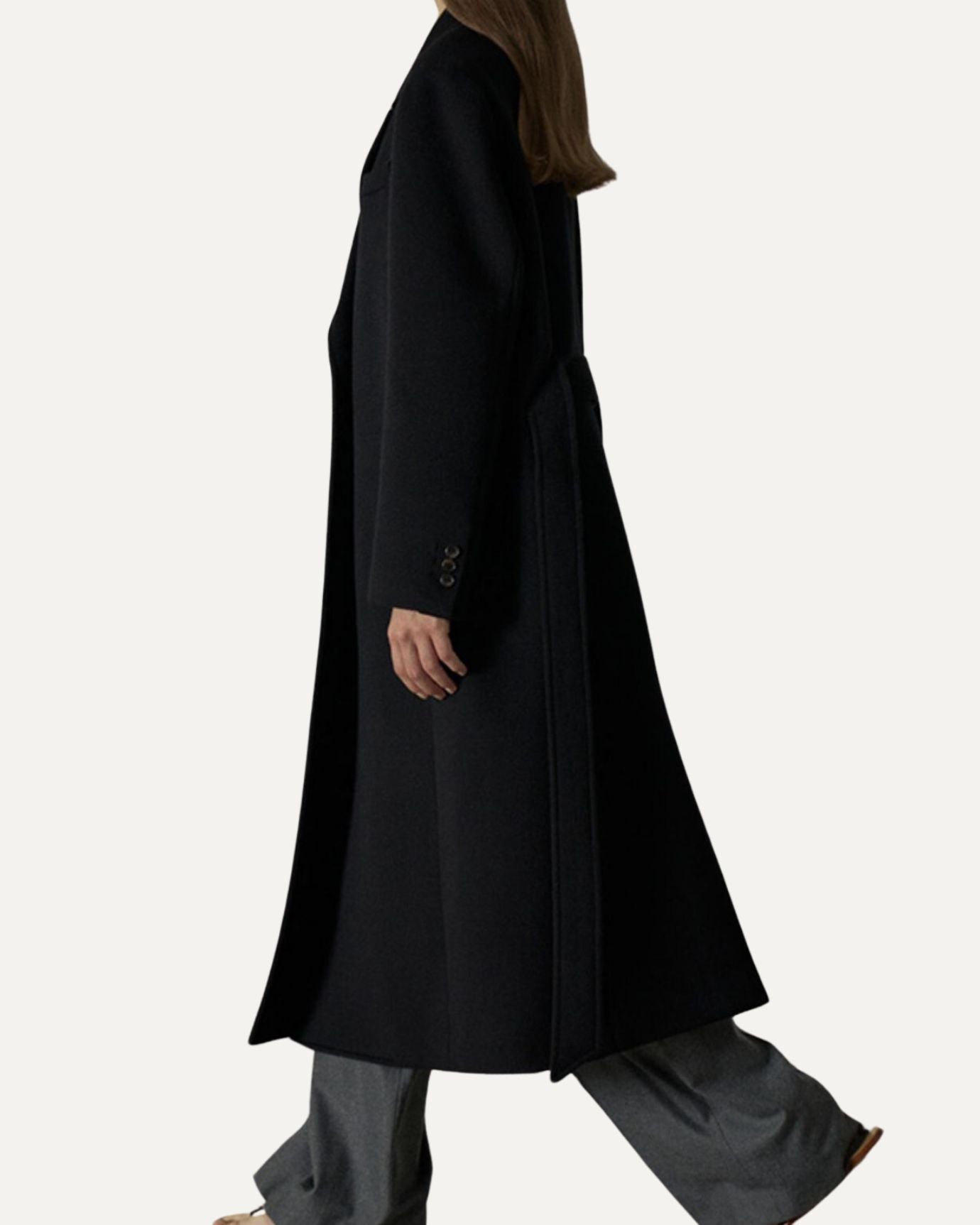 Black cashmere wool coat with elegant drape – Rio silhouette