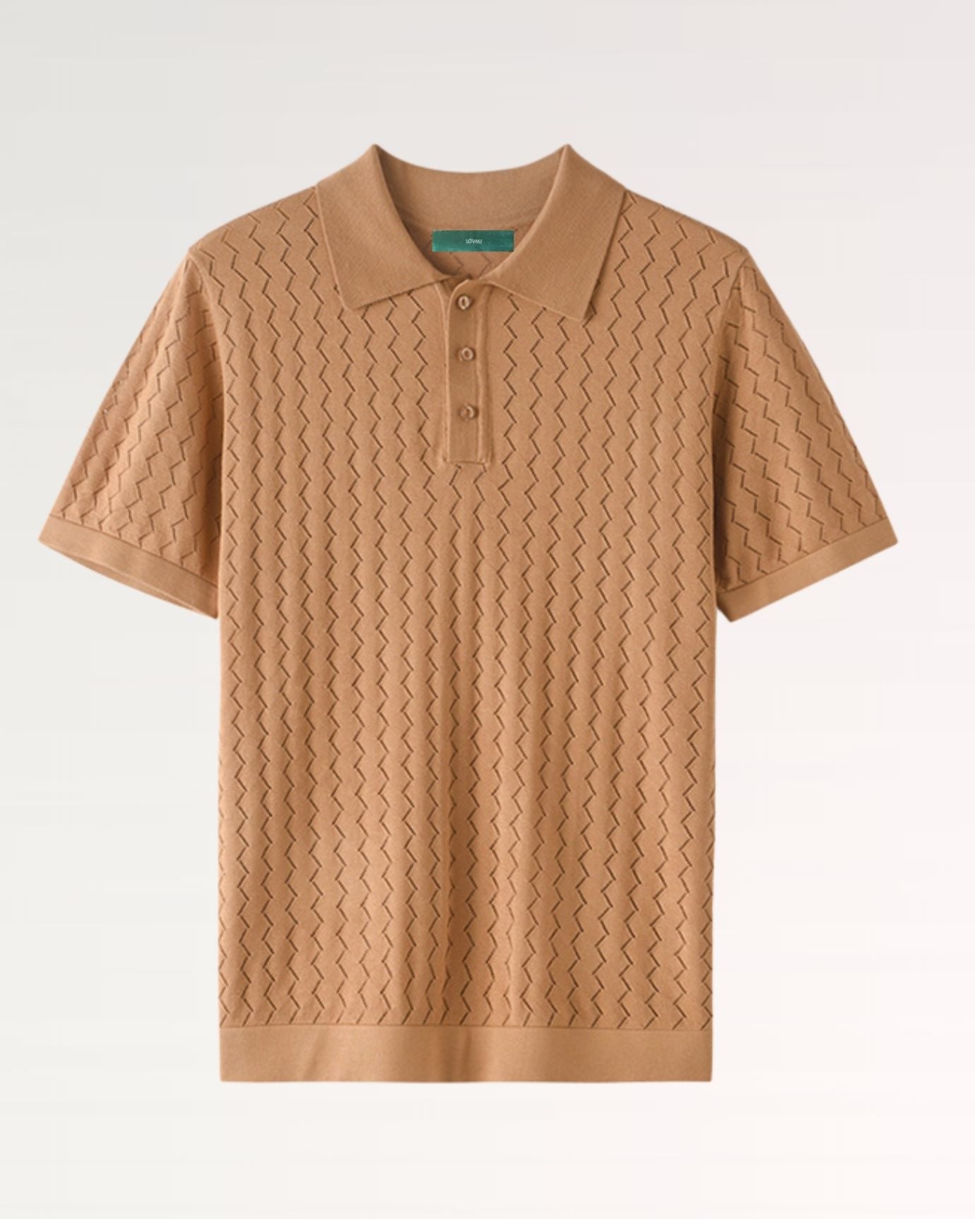 Front view of Mulberry Silk Cashmere Knitted Polo in warm Camel tone