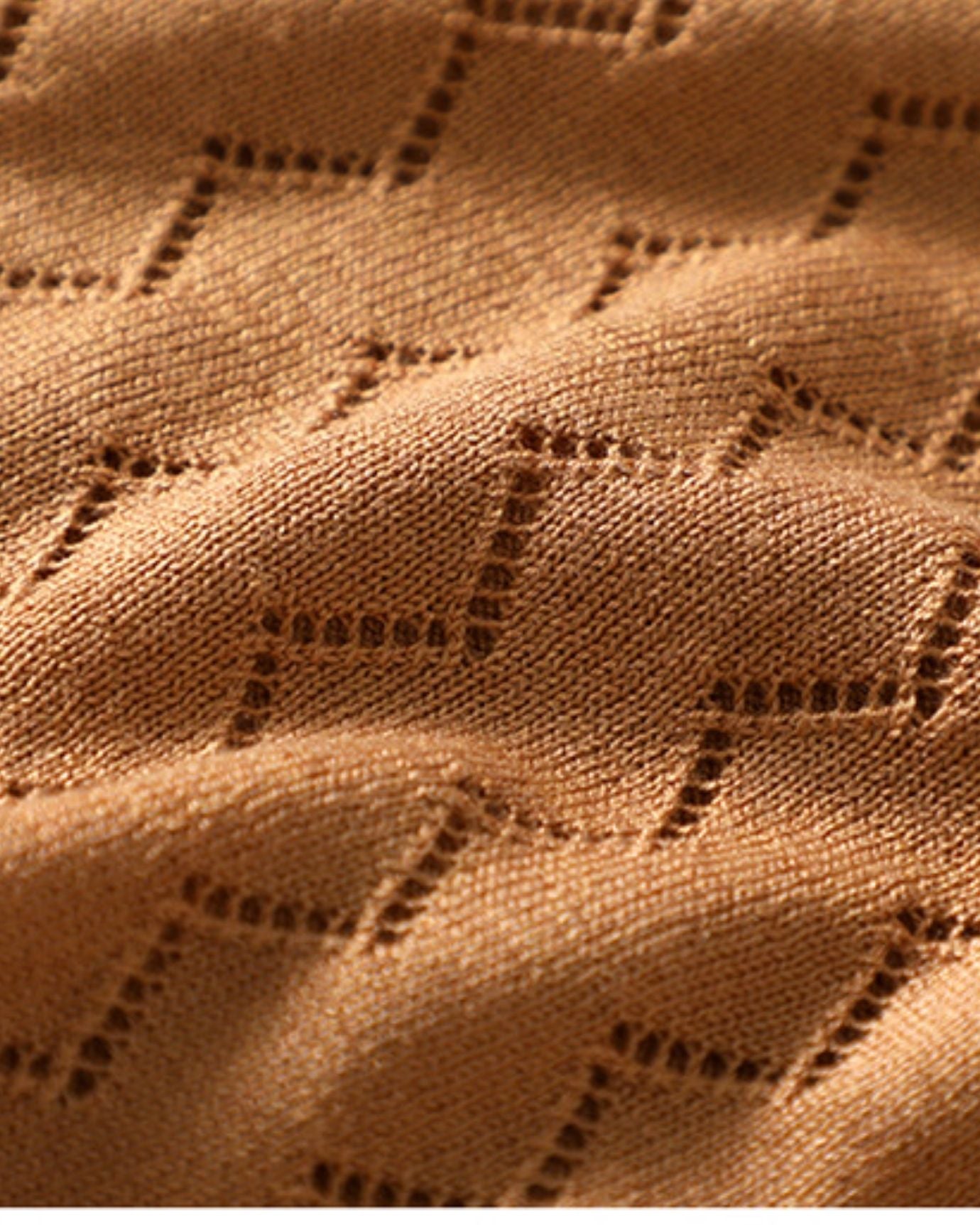 Side angle showing comfortable fit of Camel Mulberry Silk Cashmere Polo