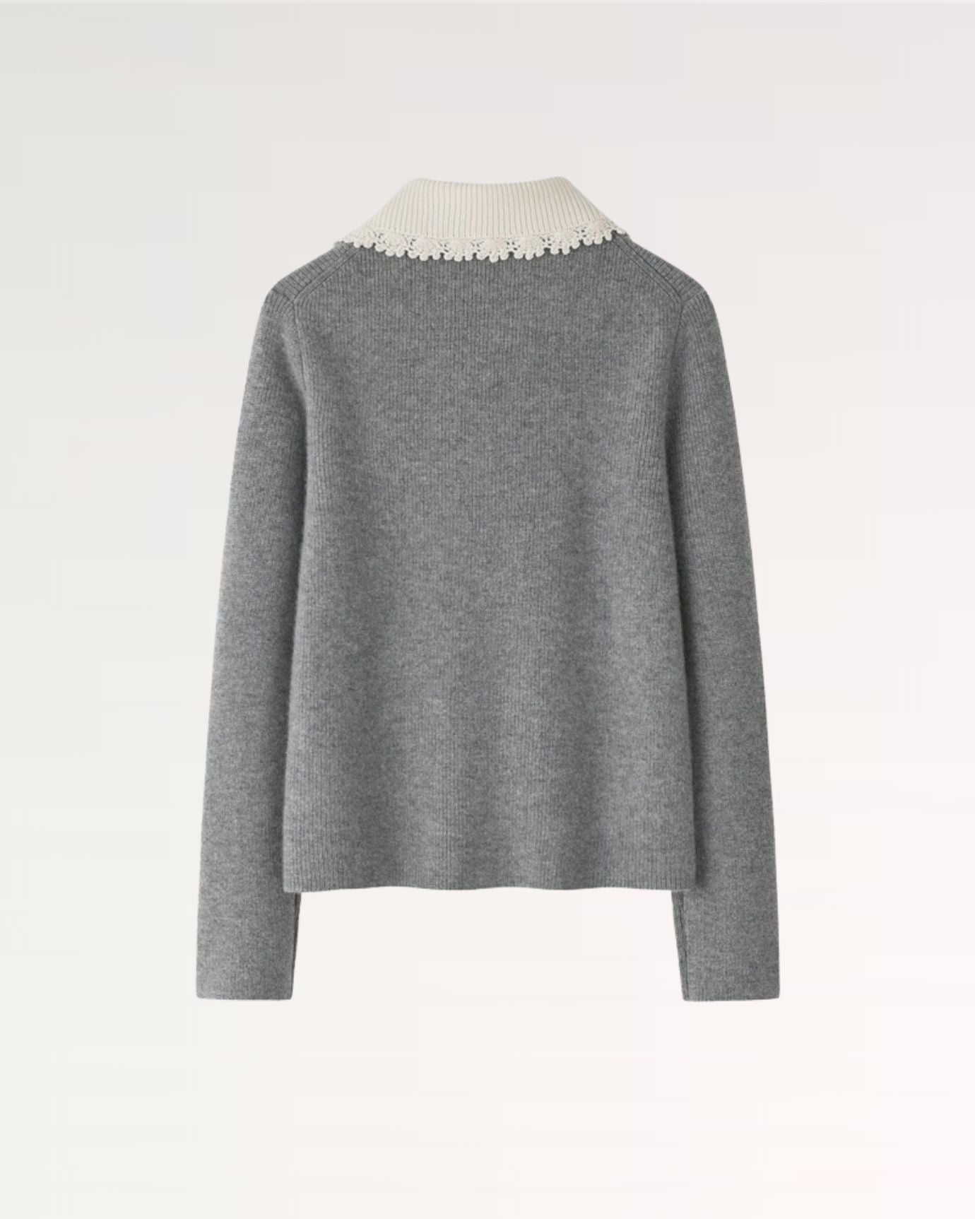 Back view of pearl-decorated cashmere sweater jacket