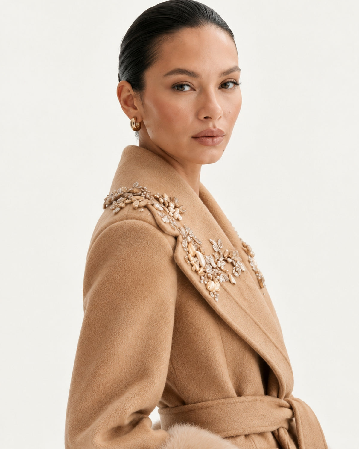 Hamptons Fox Fur Collar Embellished Wool Cashmere Coat