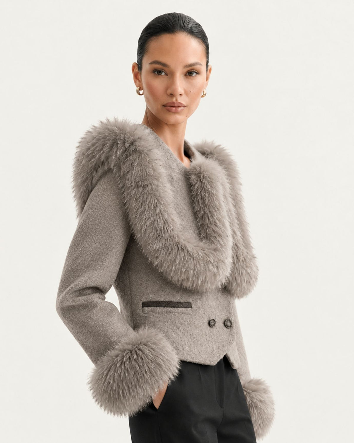 High-Waisted Cropped Cashmere Coat with Fox Fur Collar