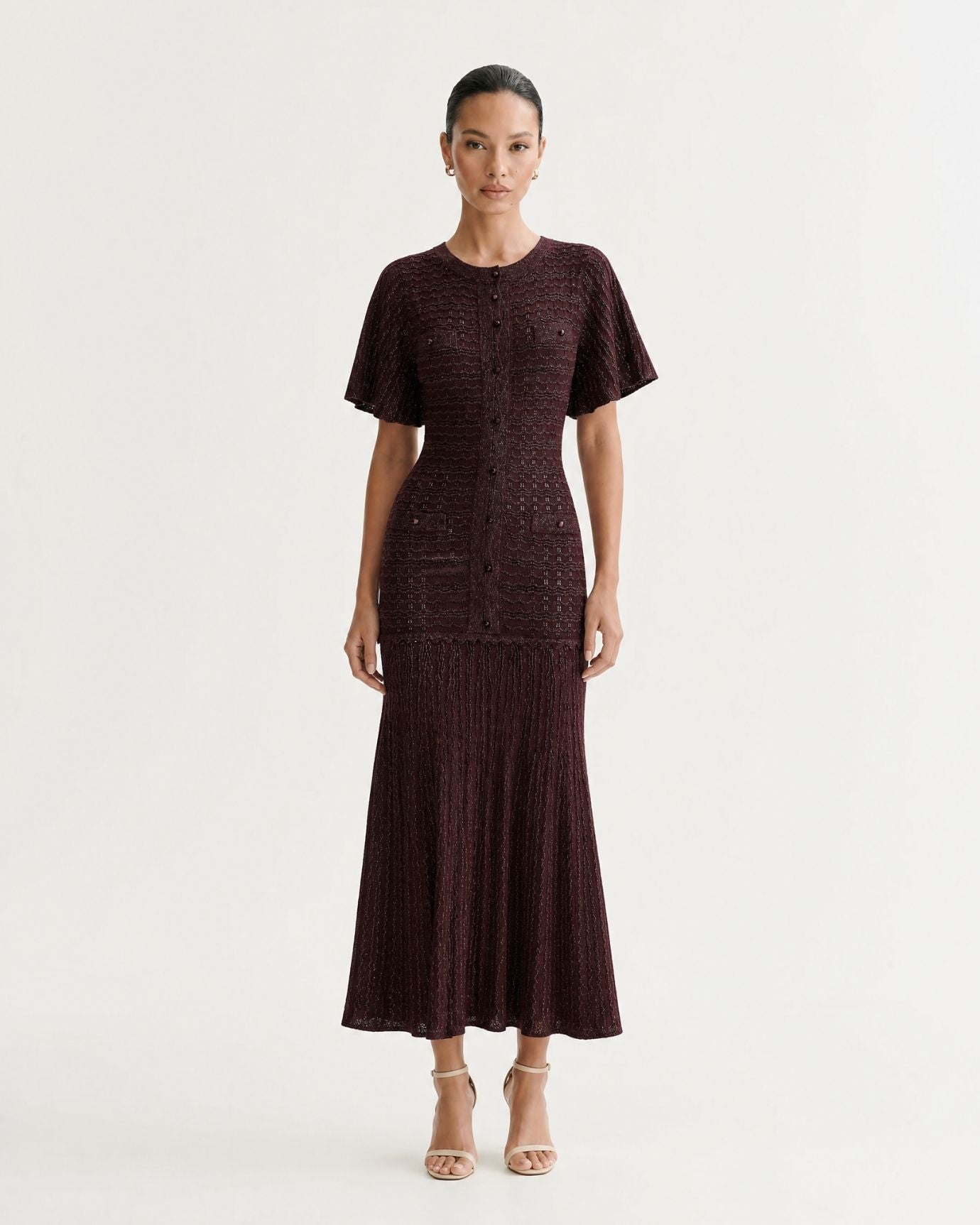 Anna Rhinestone Short-Sleeve Round-Neck Celebrity Dress