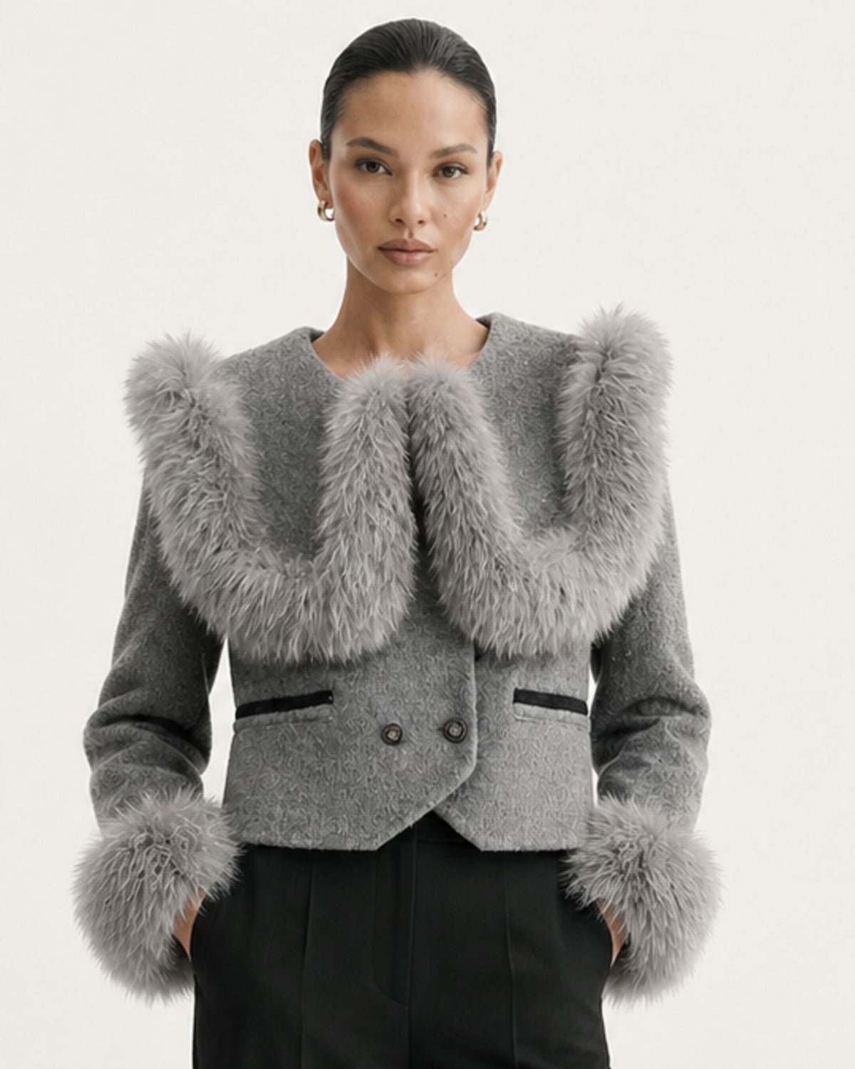 High-Waisted Cropped Cashmere Coat with Fox Fur Collar