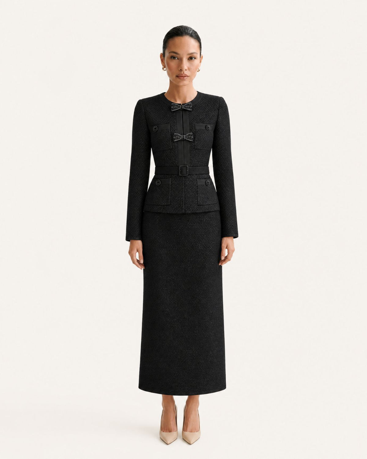 Mary Beaded Belt Slimming Top Knitwear + Skirt