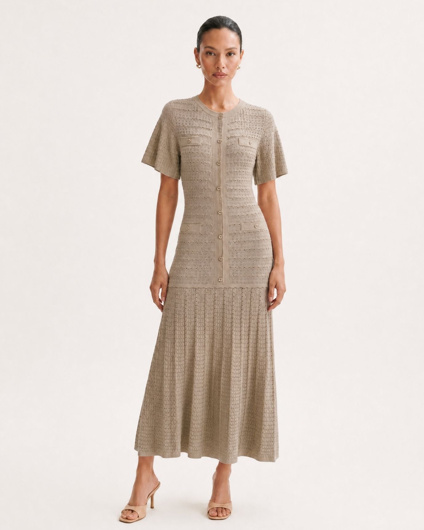 Anna Rhinestone Short-Sleeve Round-Neck Celebrity Dress