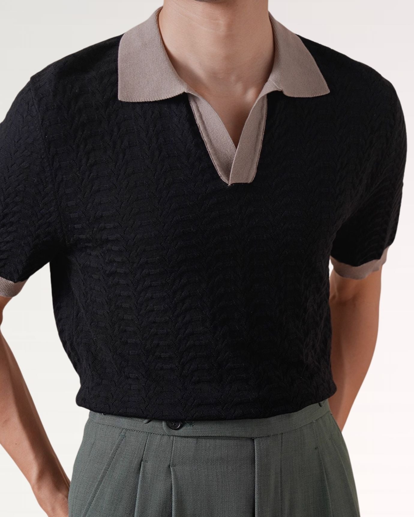 Front view of Fine Cotton Italian Jacquard Polo showcasing intricate jacquard pattern