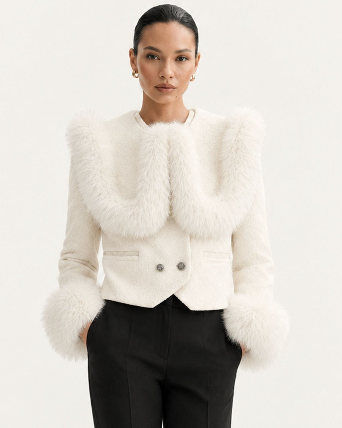 High-Waisted Cropped Cashmere Coat with Fox Fur Collar