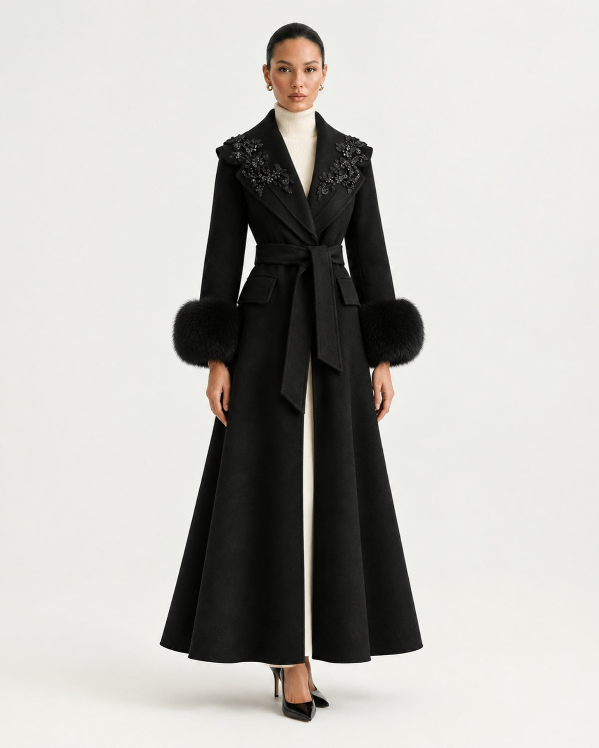 Hamptons Fox Fur Collar Embellished Wool Cashmere Coat