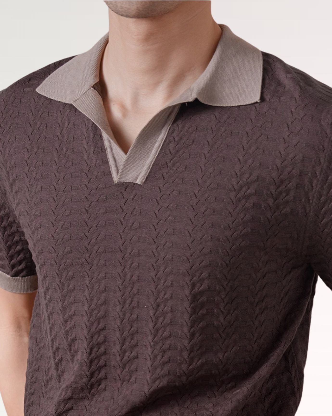 Detailed view of collar and button placket on Fine Cotton Italian Polo.