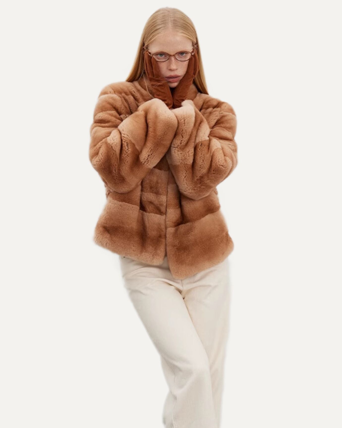 Textured rabbit fur coat with smooth finish and muted tones