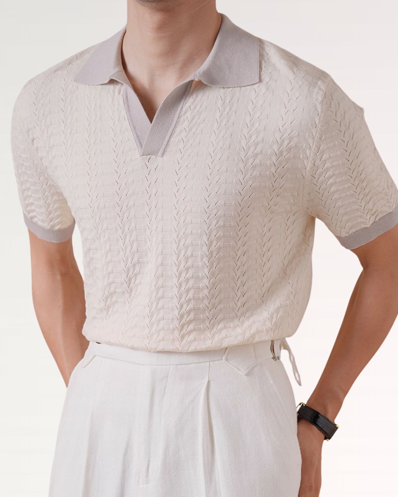 Front view of Fine Cotton Italian Jacquard Polo showcasing intricate jacquard pattern