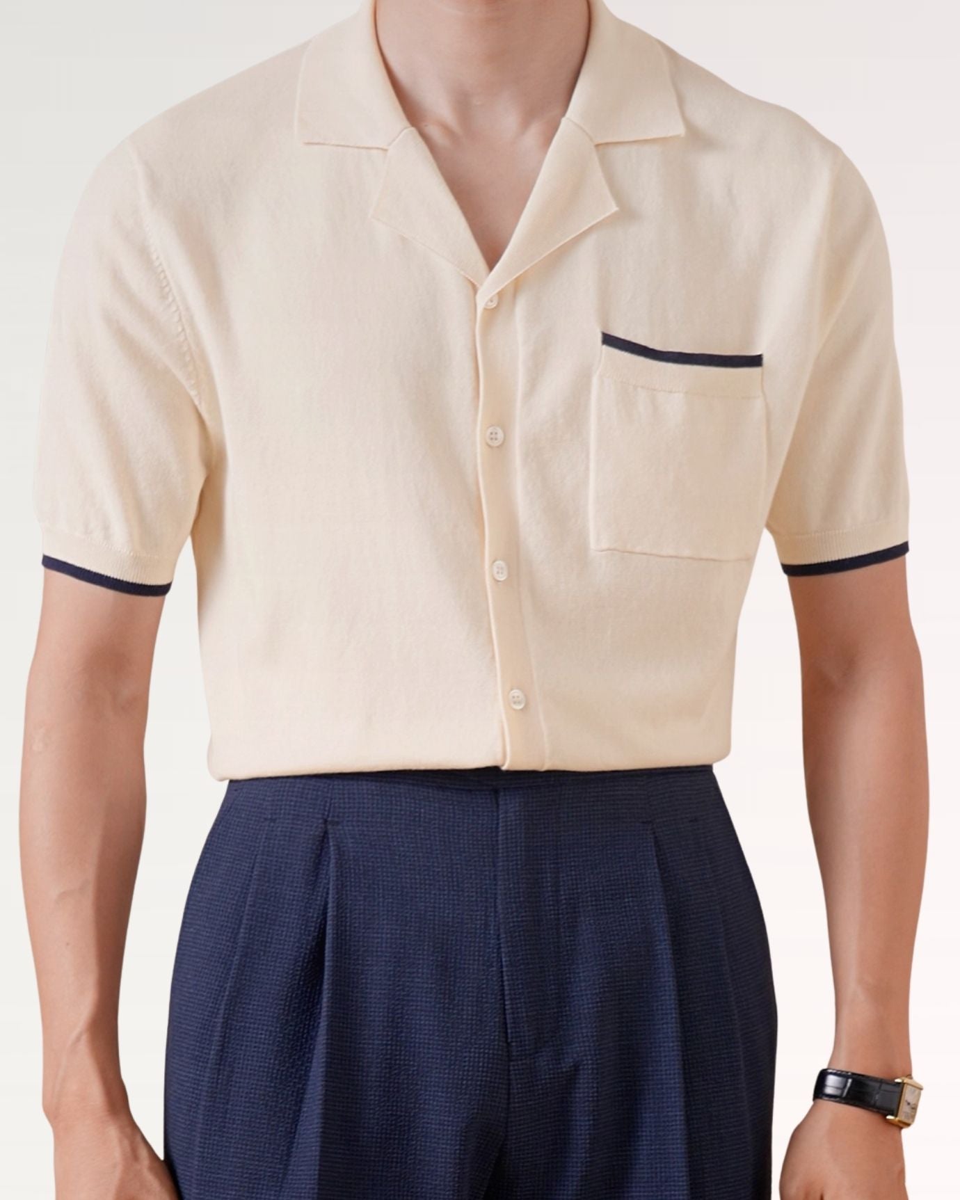 Cuban Collar Shirt Light Cotton Breathable Light Apricot
