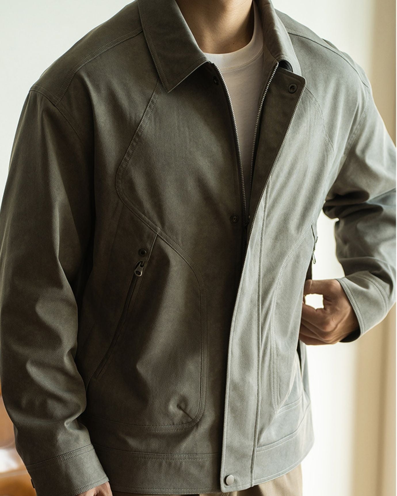 Crush Jacket front view showcasing modern fit and button closure